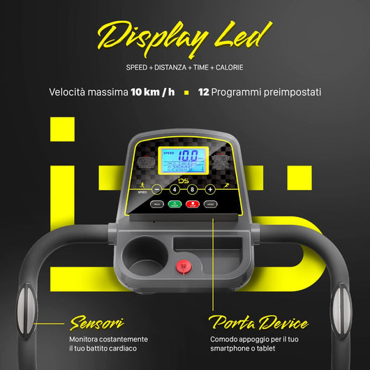 Tapis roulant G10 PRO | IDS Indoor Sports | Velocità massima 10 km/h, 12 programmi preimpostati, Sensori per monitorare battito caridaco, Porta Device per smartphone o tablet