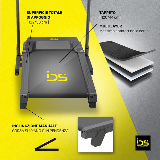Tapis roulant G40 | IDS Indoor Sports | Superficie totale di appoggio di 122 x 58 cm | Con inclinazione manuale per correre in piano o in pendenza | Tappeto multilayer per un massimo comfort nella corsa
