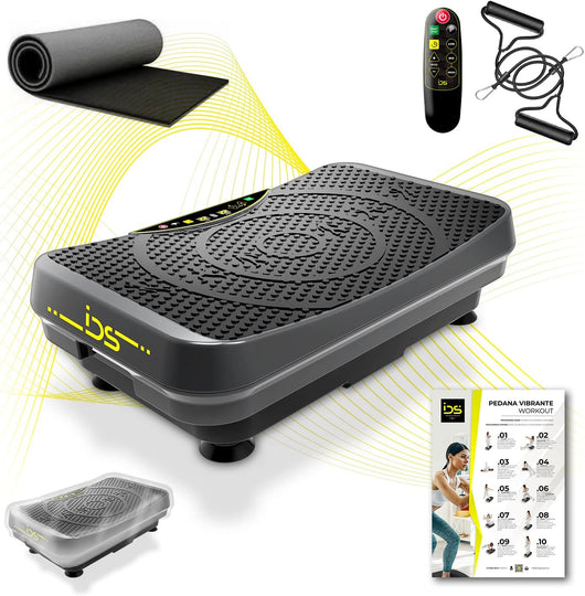 Pedana vibrante V20 | IDS Indoor Sports | Pedana vibrante basculante con inclusi telecomando, display LCD, corde elastiche con maniglie in schiuma, tappeto di appoggio, rivestimento di gomma sagomata antiscivolo, cover antimacchia e antipolvere, manuale di utilizzo ed esercizi