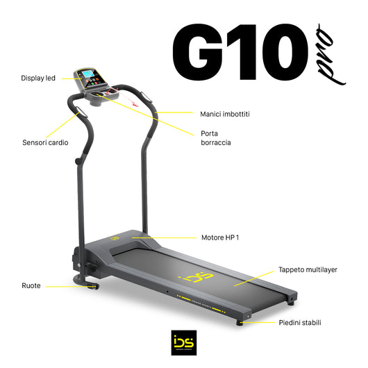 Tapis roulant G10 PRO | IDS Indoor Sports | Con sensori cardio, manici imbottiti, porta borraccia, ruote, tappeto multilayer, piedini stabili