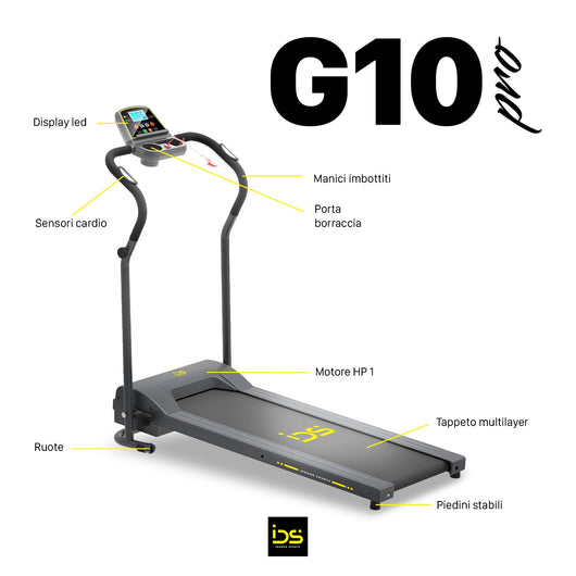 Tapis roulant G10 PRO | IDS Indoor Sports | Con sensori cardio, manici imbottiti, porta borraccia, ruote, tappeto multilayer, piedini stabili