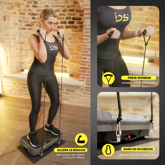 Pedana vibrante V20 | IDS Indoor Sports | Permette anche di allenare le braccia grazie agli elastici fitness in dotazione. Elastici con prese morbide e ganci di sicurezza